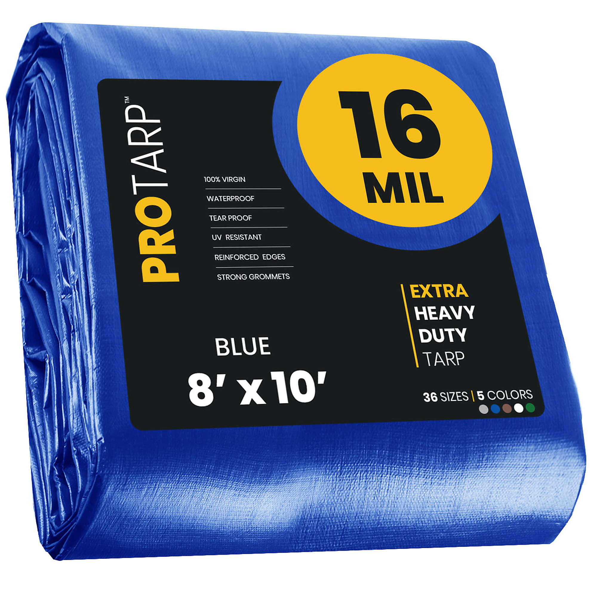 PROTARP Extra Heavy Duty 16 Mil Tarp Cover, Waterproof, UV Resistant, Rip and Tear Proof, Poly Tarpaulin with Reinforced Edges for Roof, Camping, Patio, Pool , Boat. (Blue 8' X 10')